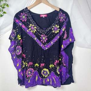 Somya Collection Boho Floral Embroidered Batik Poncho Tunic Top
